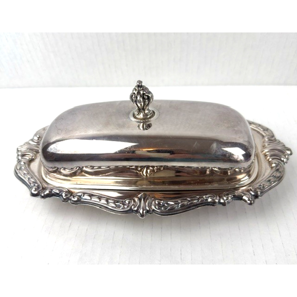 Sheridan Silver-Plated Butter Dish Domed Lid & Ornate Handles w/glass insert VTG